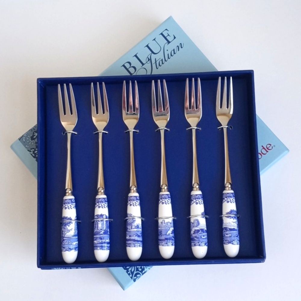 NIB Spode Blue Italian Silver & Floral Landscape Pastry Serving Forks Set Of 6 - Picture 12 of 13
